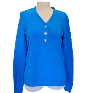 CHARTER CLUB Blue V-Neck Sweater with Gold Buttons